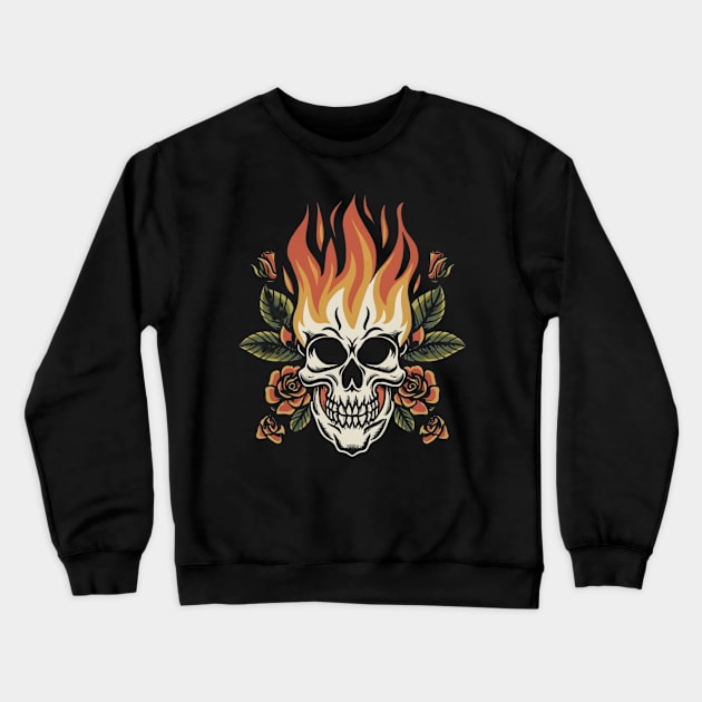 Retro Blaze Skull Tattoo - Vintage Flame Ink Crewneck Sweatshirt by Goku Creations